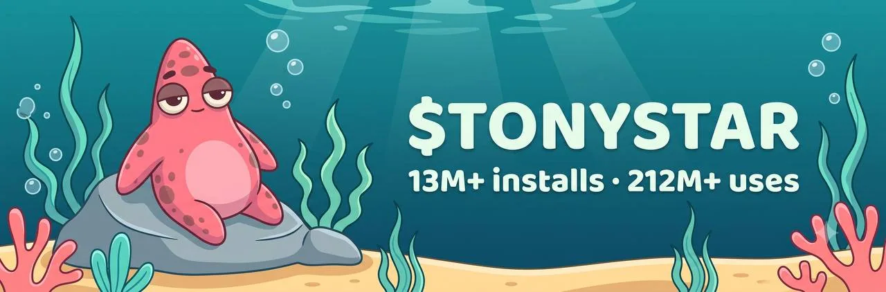 $TONYSTAR banner: Tony Star sitting on a rock in the reef, 13M+ installs, 212M+ uses
